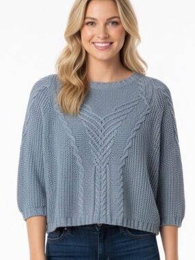 CAbi #3481 / Blue Short & Sweet Cropped Cable Knit Pullover Sweater / Size M